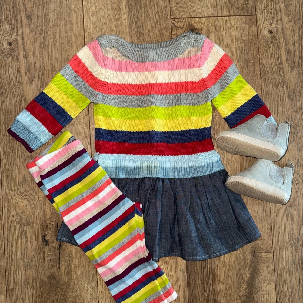 GAP Multicolor Striped Baby Sweater Dress with matching leggings and sneakers
